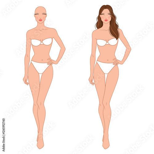 Eight-head fashion figure template. The female fashion croquis. Vector illustration of a young woman wearing lingerie, isolated on a white background.