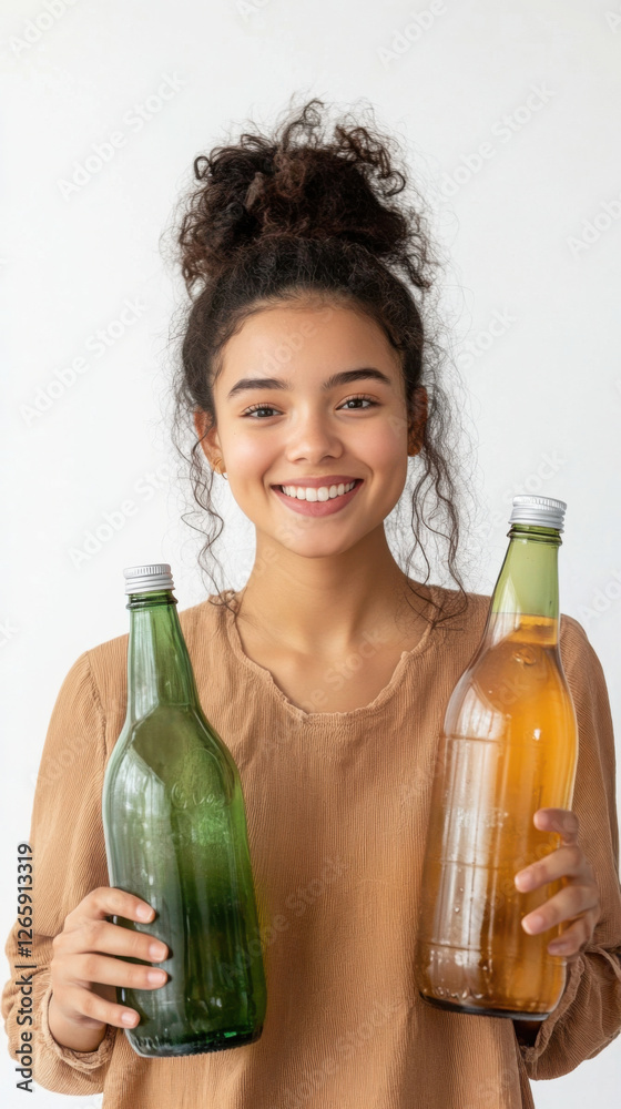 Young woman holding glass bottles with natural beverages Young woman holding glass bottles with natural beverages