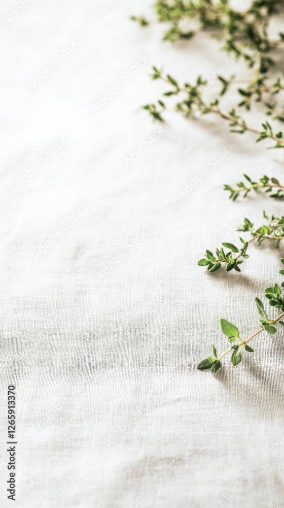 Minimalist botanical design with thyme on linen for natural decor inspiration Minimalist botanical design with thyme on linen for natural decor inspiration