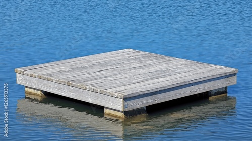 A wooden dock floating on calm water, reflecting the clear blue sky. photo