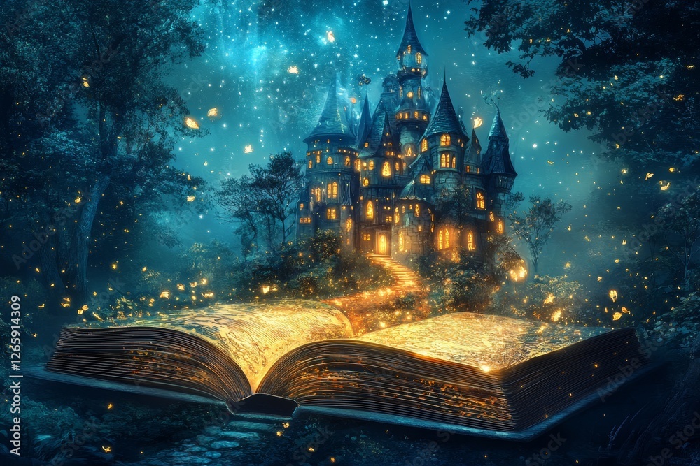 Fototapeta premium An enchanting open storybook displays a stunning illustration of a magical castle nestled in a mystical forest. Glowing lights illuminate the scene, creating a captivating atmosphere