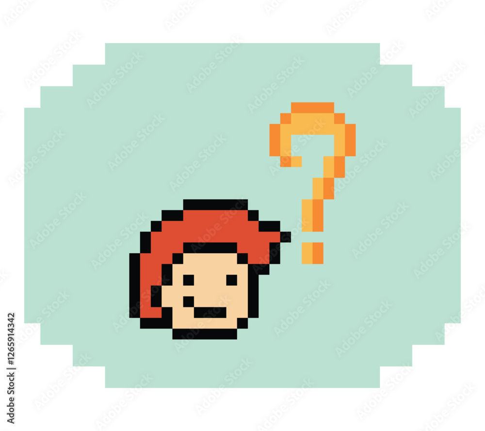 Obraz premium Cute pixel cartoon character man with question mark decoration 8 bit male boy confused idea question mark quiz questionnaire choose cartoon pixel game 8bit png vector.