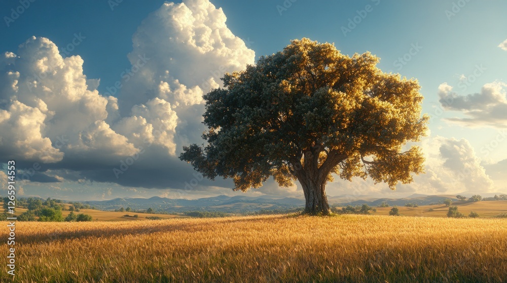 Lonely tree in golden wheat field under dramatic sky