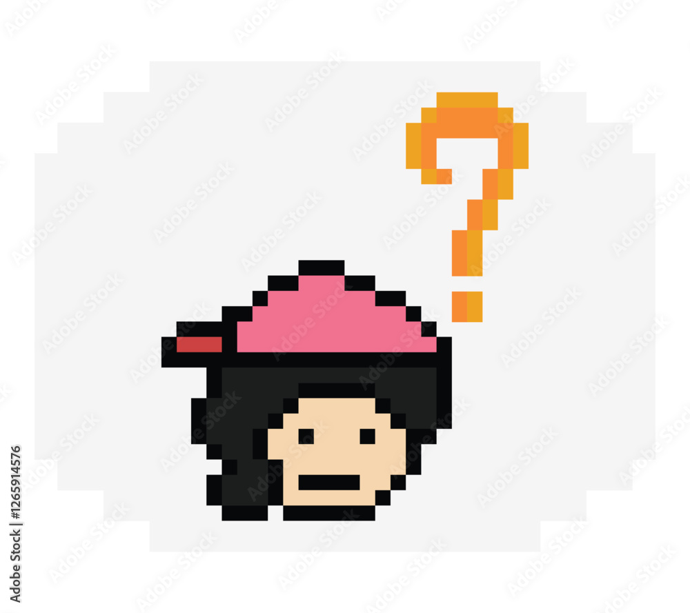 Fototapeta premium Cute pixel cartoon character woman with question mark decoration 8 bit female girl lady confused idea question mark think questionnaire choose cartoon pixel game 8bit png vector.