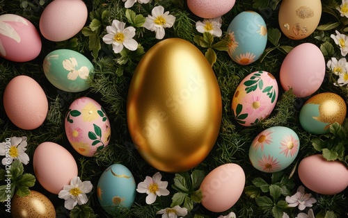 A vibrant arrangement of colorful Easter eggs surrounded by greenery and flowers, featuring a prominent golden egg in the center.
