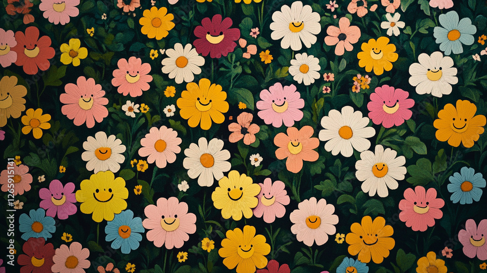 Colorful flowers with smiling faces create a cheerful garden atmosphere Colorful flowers with smiling faces create a cheerful garden atmosphere