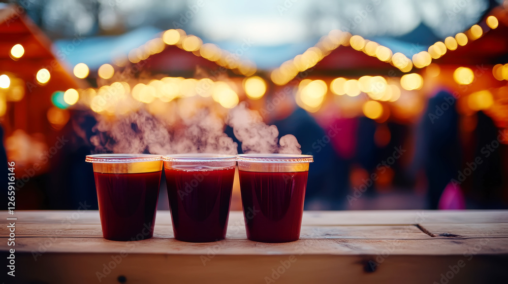 Festive mulled wine cups with steam at holiday market Festive mulled wine cups with steam at holiday market
