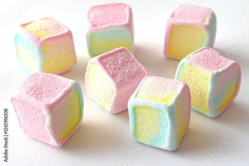 Pastel marshmallows placed artistically with a clean white backdrop