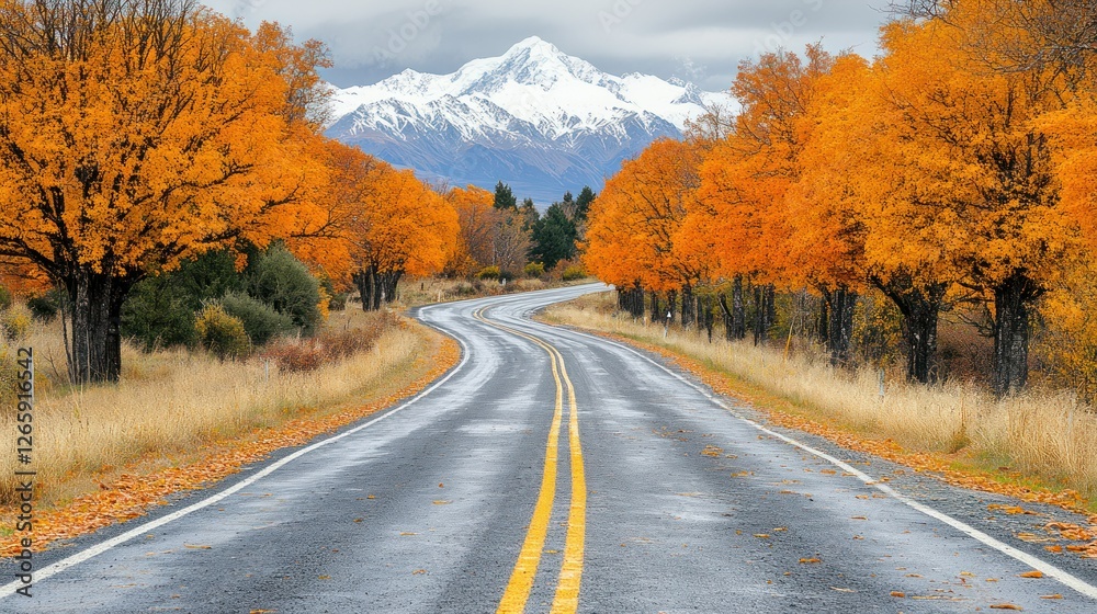 Fototapeta premium Autumn road winding towards snowy mountain