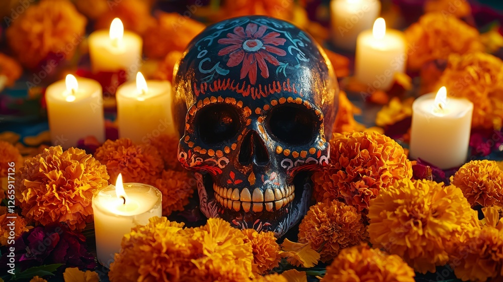 A colorful skull surrounded by candles and marigold flowers, symbolizing the Dia de los Muertos celebration