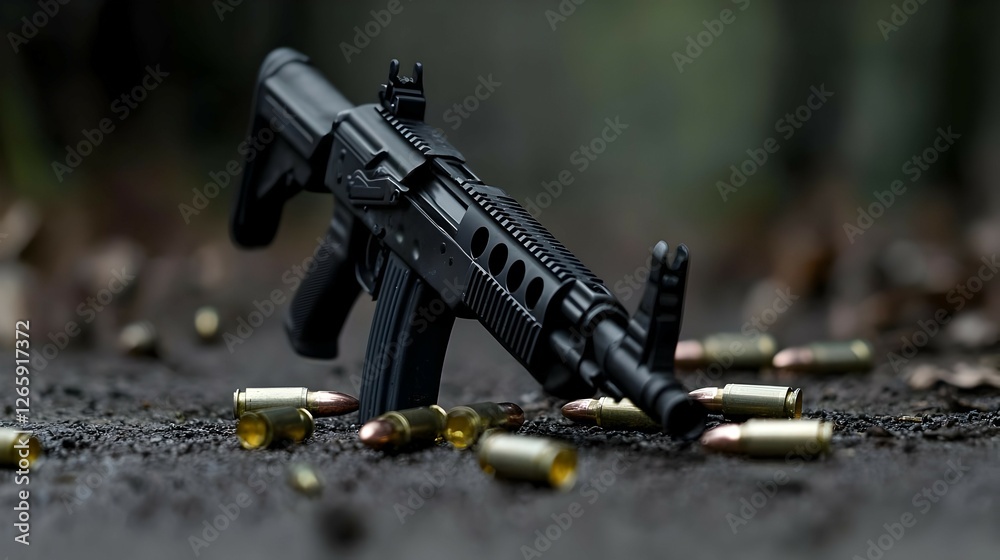 Obraz premium Black Assault Rifle on the Ground Surrounded by Ammunition