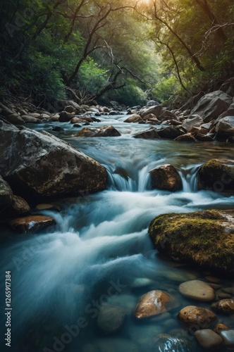 A serene river flows through a lush forest, showcasing nature's tranquility and beauty.