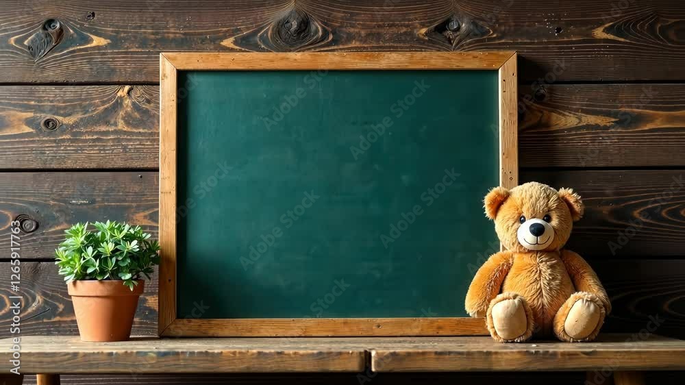 Empty chalkboard with frame on wooden wall background and teddy bear nearby