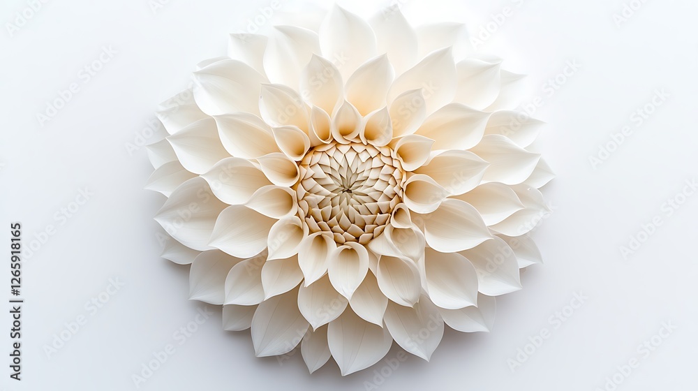White Dahlia flower with intricate petal patterns, top view, isolated on a white background. White Dahlia flower with intricate petal patterns, top view, isolated on a white background.