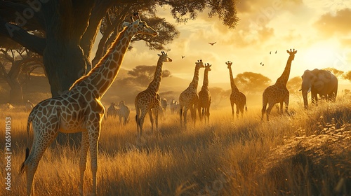 Majestic giraffes moving through golden African landscape pictures