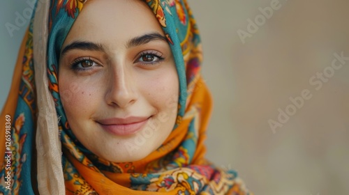 Smiling Middle Eastern woman in an orange hijab, warm and friendly close-up portrait photo