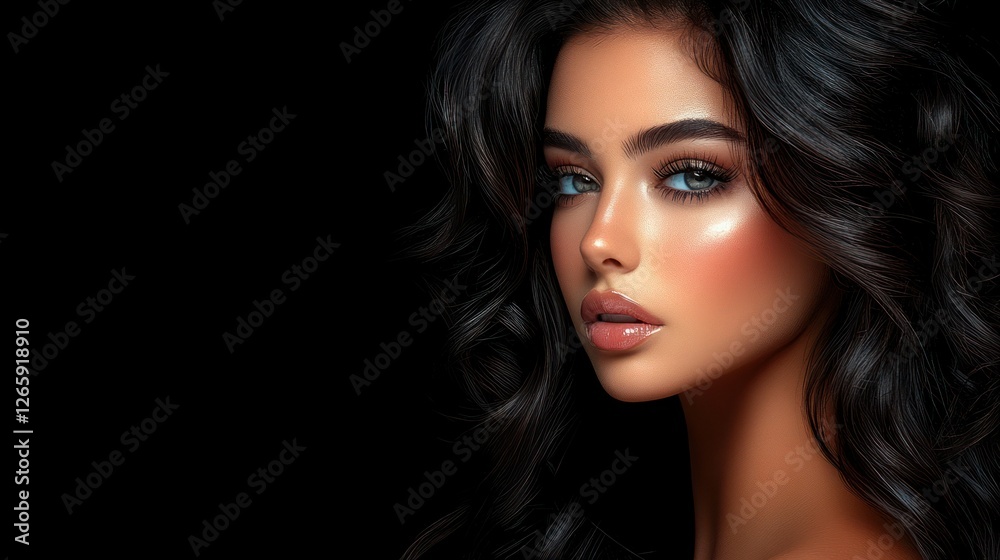 Fototapeta premium Studio portrait of a woman with gorgeous makeup and curly hair against a black background