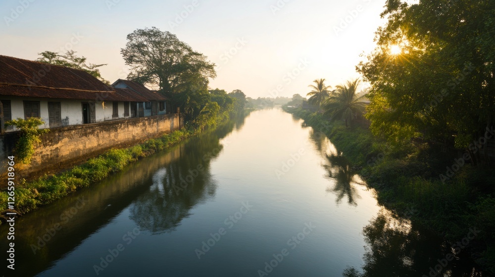 Calm morning canal village houses reflection Calm morning canal village houses reflection