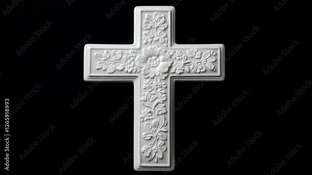 White porcelain cross with delicate floral patterns, set against a black background. White porcelain cross with delicate floral patterns, set against a black background.