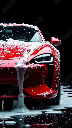 red modern car in foam on a car wash on a black background with copy space. car care banner with place for text. no people no body. vertical image.