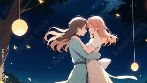 The anime video ends with the girl and boy in love at the moonlight night. Generated by AI. 