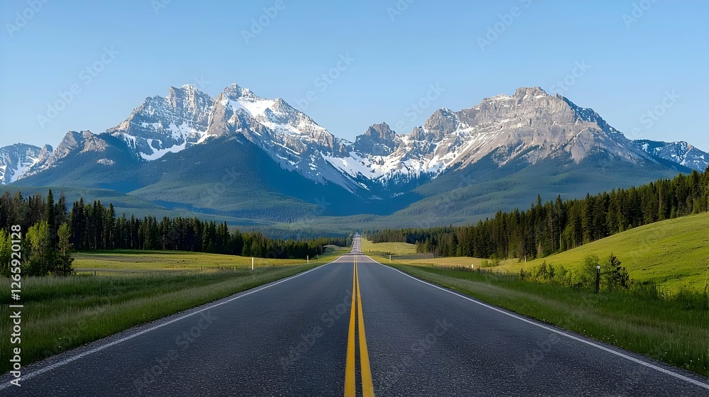 Naklejka premium Scenic Mountain Road Through Green Valley With Snow Capped Peaks
