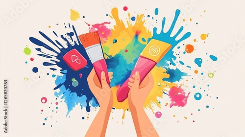 Creative Hands Holding Colorful Icons Art Paint Splashes