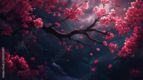 anime cherry blossom branch, pink flowers, dark background, aesthetic wallpaper