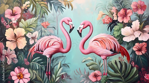 Majestic flamingos surrounded by flowers wallpapers
