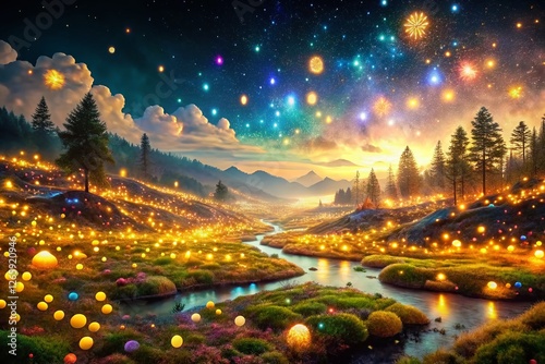 Magical Glowing Particles & Fairy Lights: 4K Black Background Animated Landscape
