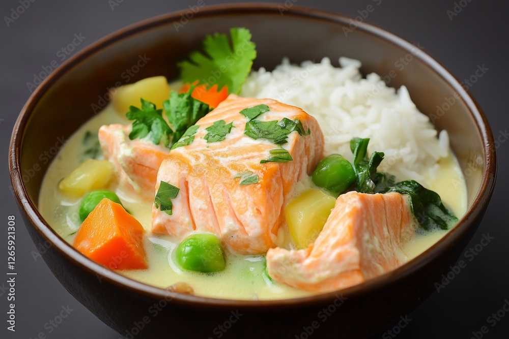 This dish showcases tender salmon pieces combined with vibrant vegetables in a creamy coconut sauce served alongside steamed rice, creating a delightful meal. This dish showcases tender salmon pieces combined with vibrant vegetables in a creamy coconut sauce served alongside steamed rice, creating a delightful meal.