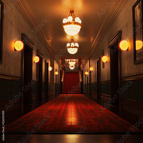 Corridoio di un vecchio hotel con luci accese photo