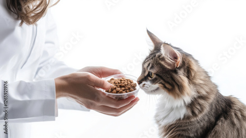 Professional pet care specialist feeding cat food in studio setting for animal nutrition