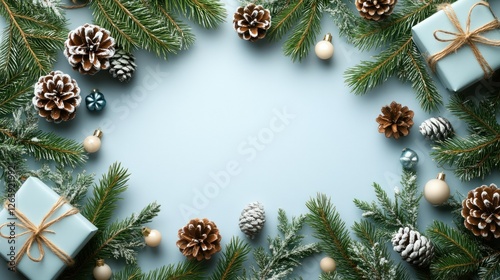 Christmas Frame Decor on Light Blue Background photo