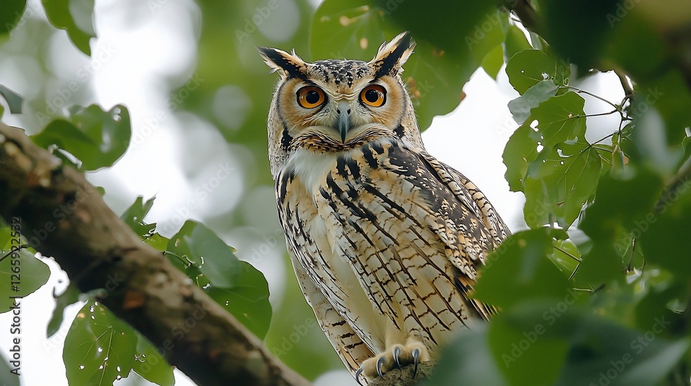 Owl perched tree branch forest daytime wildlife Owl perched tree branch forest daytime wildlife