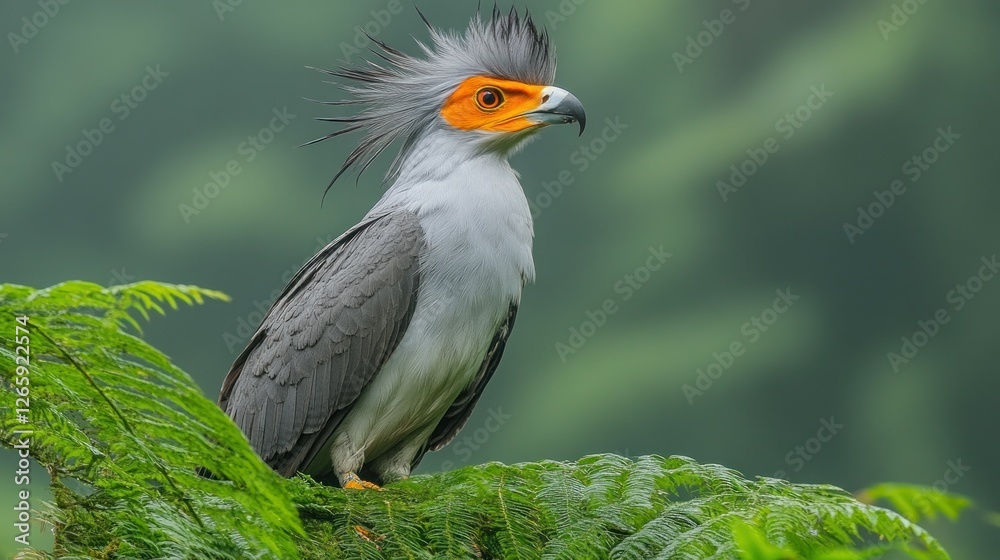 Grey bird perched on fern in forest background Grey bird perched on fern in forest background