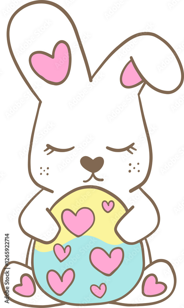 Adorable cartoon illustration of a white bunny with pink heart markings holding a decorated Easter egg. Perfect for Easter, spring, and festive designs Adorable cartoon illustration of a white bunny with pink heart markings holding a decorated Easter egg. Perfect for Easter, spring, and festive designs