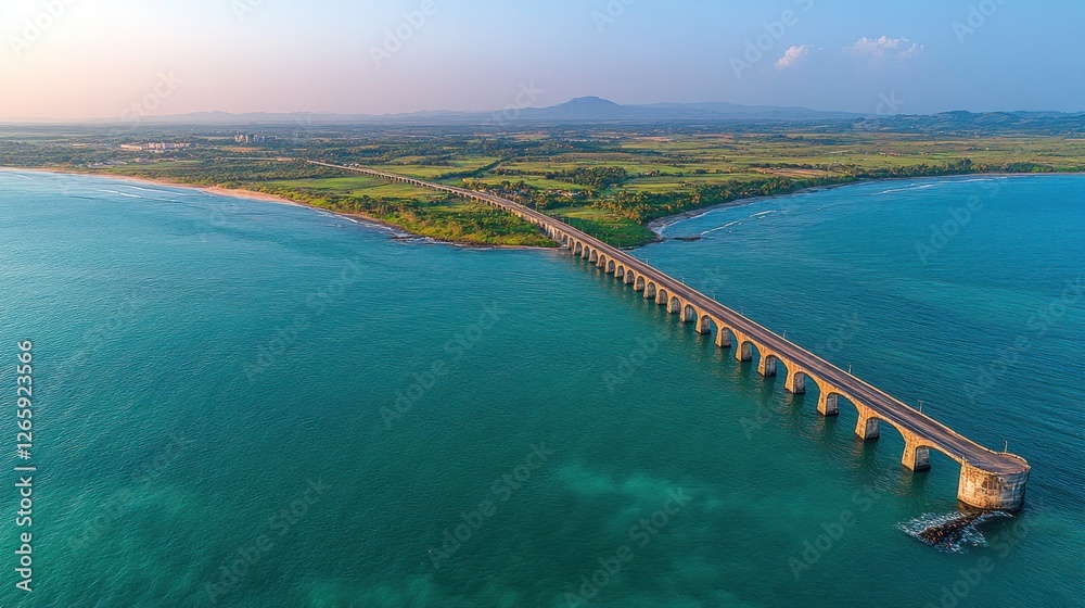Aerial view of coastal road bridge over turquoise water with fields and mountains in the distance Aerial view of coastal road bridge over turquoise water with fields and mountains in the distance