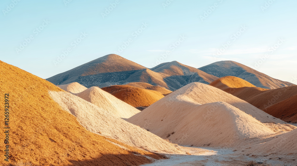 Naklejka premium Earthy clay hills with rolling formations warm neutral tones, bathed soft sunlight. landscape features smooth, undulating mounds with mix of beige, brown, and golden hues clear blue sky