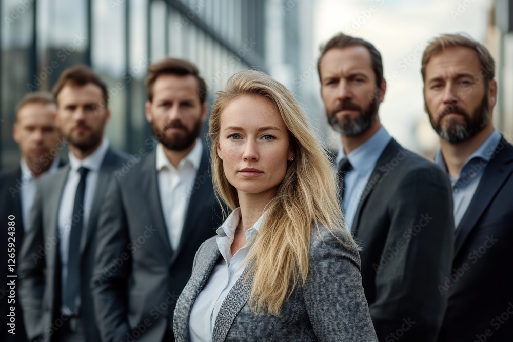 A confident leader stands with purpose, his team of diverse individuals behind him, symbolizing unity and strength in a powerful, urban setting. A confident leader stands with purpose, his team of diverse individuals behind him, symbolizing unity and strength in a powerful, urban setting.