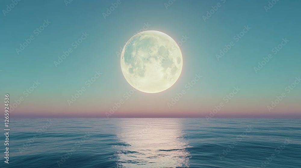 Stunning Full Moon Over Calm Ocean Waters at Twilight Stunning Full Moon Over Calm Ocean Waters at Twilight
