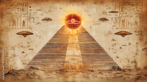 Mysterious hieroglyphs featuring alien craft during pyramid construction, blending ancient lore and speculative theories. Ancient Alien Glyphs. Illustration
