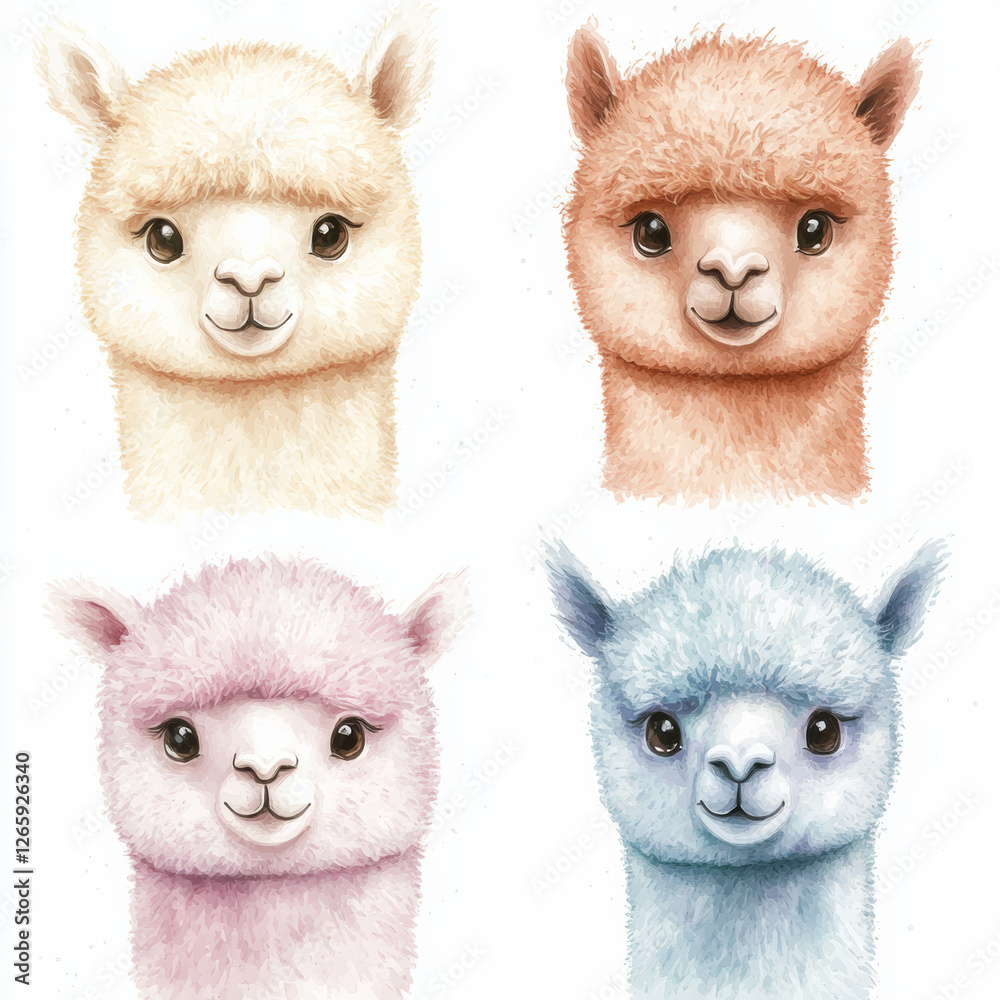 Obraz premium Set of four colorful llama heads, vibrant cartoon alpacas, cute fluffy baby animals, kids art, mountain animals