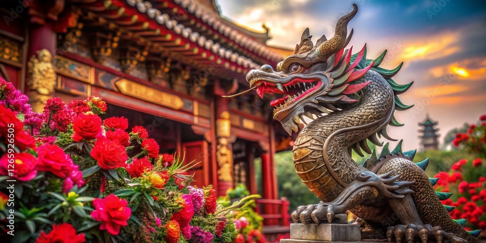 Majestic Chinese Dragon Statue in Temple with Red Flowers and Dramatic Background - Stock Photo Majestic Chinese Dragon Statue in Temple with Red Flowers and Dramatic Background - Stock Photo