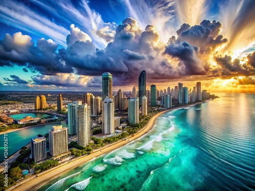 Majestic Coastal Cityscape Double Exposure: Clouds, Turquoise Waters, Urban Skyline