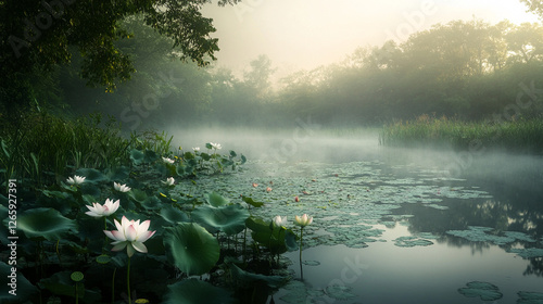 Serene morning mist over a tranquil lake with blooming lotus flowers