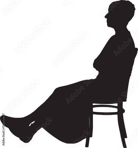 vector; silhouette side view of a woman sitting on chair legs and arms crossed