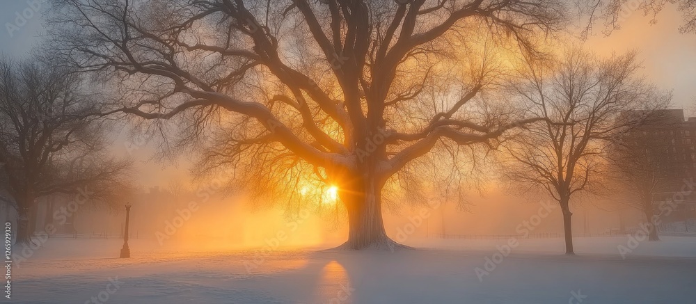 Snowy park sunrise, fog, large tree, city background, winter calm Snowy park sunrise, fog, large tree, city background, winter calm