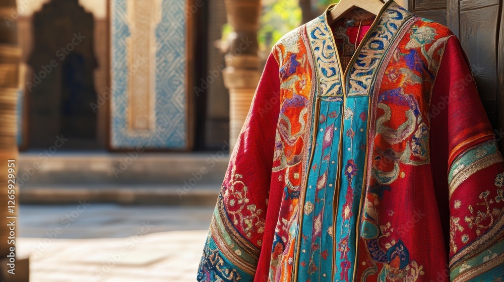 Fototapeta premium Colorful Traditional Garment Displayed in Cultural Setting