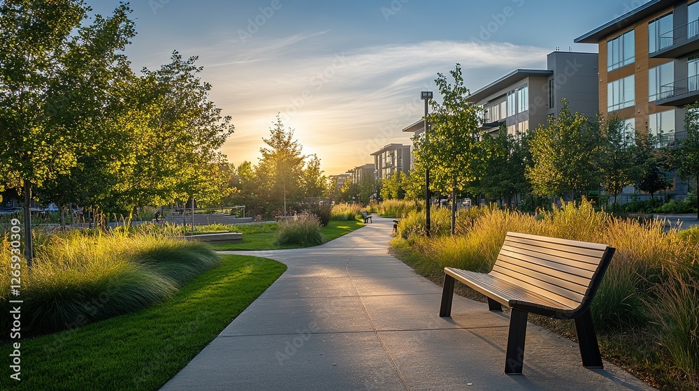 Sunset Pathway Bench Modern Apartment Buildings
